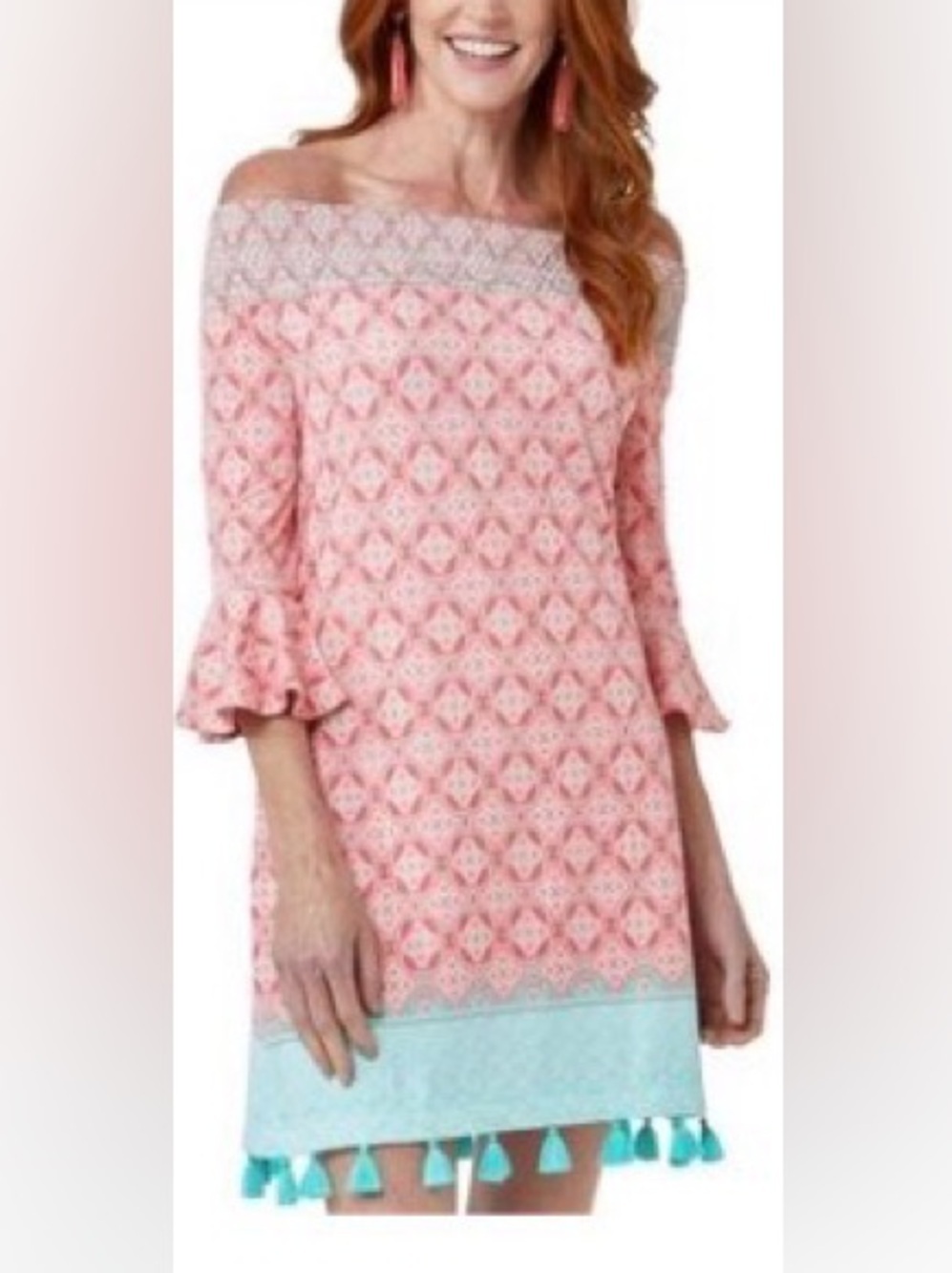 Cabana Life Pink Geometric Off-Shoulder Dress with Teal Tassel Hem
